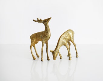 Brass Deer Figurines, Vintage Spotted Brass Deer Pair, Christmas Mid Century Holiday Decor