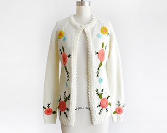70s Floral Embroidered Cardigan, Vintage 1970s White Flower Sweater, small