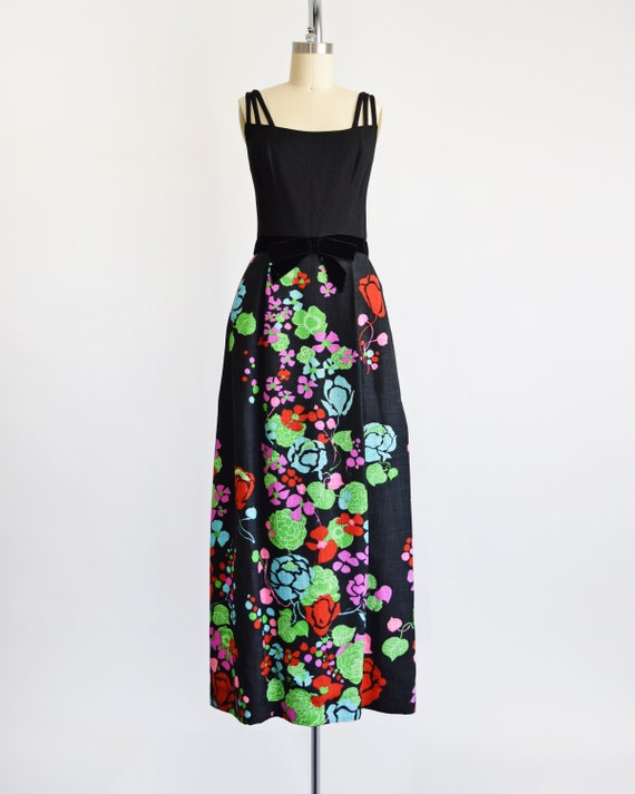 60s Floral Maxi Dress, Vintage 1960s Black Flower… - image 2