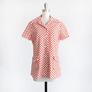 Vintage 1970s Red & White Polka Dot Blouse, large