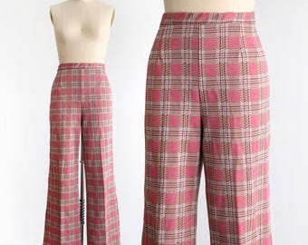 1970s Pink Plaid Wide Leg Pants, Vintage 70s Flared Trousers, large