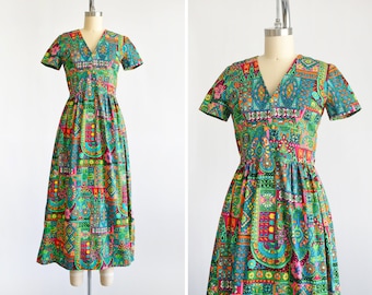 60s Floral Psychedelic Maxi Dress, Vintage 1960s/70s Flower Power Cotton Barkcloth Dress, xs/small