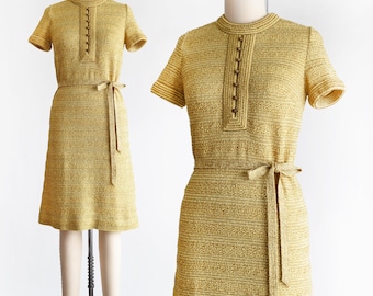 60s Metallic Gold Knit Dress, medium