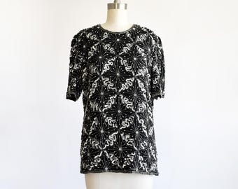 Vintage 1980s Black & Silver Sequin Beaded Blouse, medium