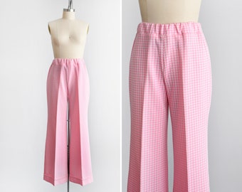 Vintage 70s Pink Wide Leg Pants, 1970s Houndstooth Flared Trousers, large