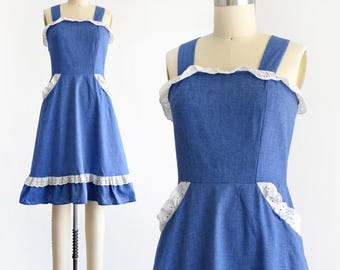 70s Blue & White Eyelet Lace Sundress, xs
