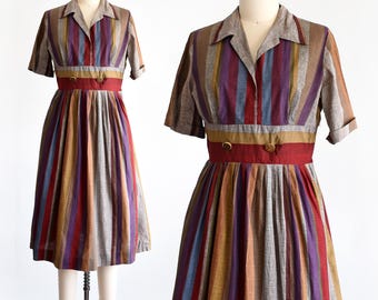 Vintage 1950s Jewel Tone Striped Dress, medium