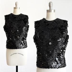 Vintage 1960s Black Sequin Paillette Wool Top, small/small medium