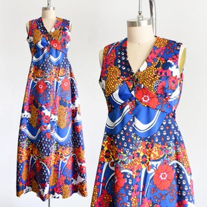 70s Blue Psychedelic Floral Maxi Dress, Vintage 1970s Flower Power Gown, small medium to medium large