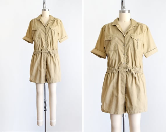 Vintage Khaki Romper, 80s Cotton Safari Jumpsuit,