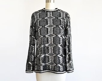 Black and Silver Sequin Blouse, Vintage 1970s/1980s Metallic Top, medium