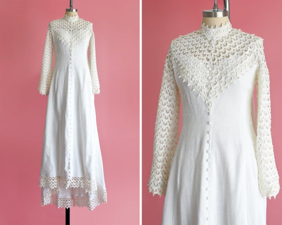60s Wedding Dress, Vintage 1960s Linen & Lace Wed… - image 1