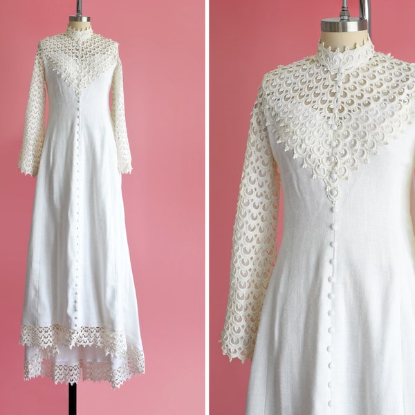 60s Wedding Dress, Vintage 1960s Linen & Lace Wedding Dress w/ Matching Long Veil, 70s Cotton Bell Sleeves Wedding Dress, small/medium