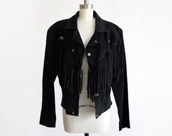 Vintage 1990s Black Suede Fringe Jacket, small medium/medium