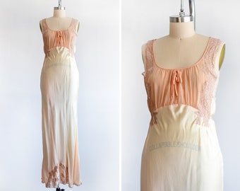 40s Peach Satin Nightgown, Vintage 1940s Bias Cut Ombre Rayon Slip Dress, Boudoir Lingerie, small medium