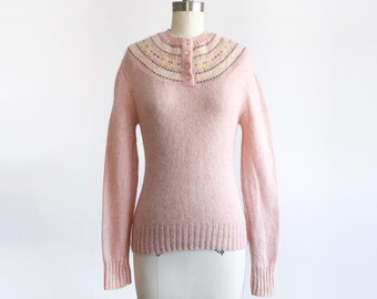 Vintage 1980s Light Pink Fair Isle Wool Sweater, xs