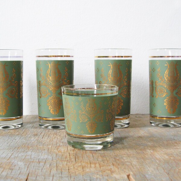 SALE vintage 60s cocktail glasses / sea green and gold damask