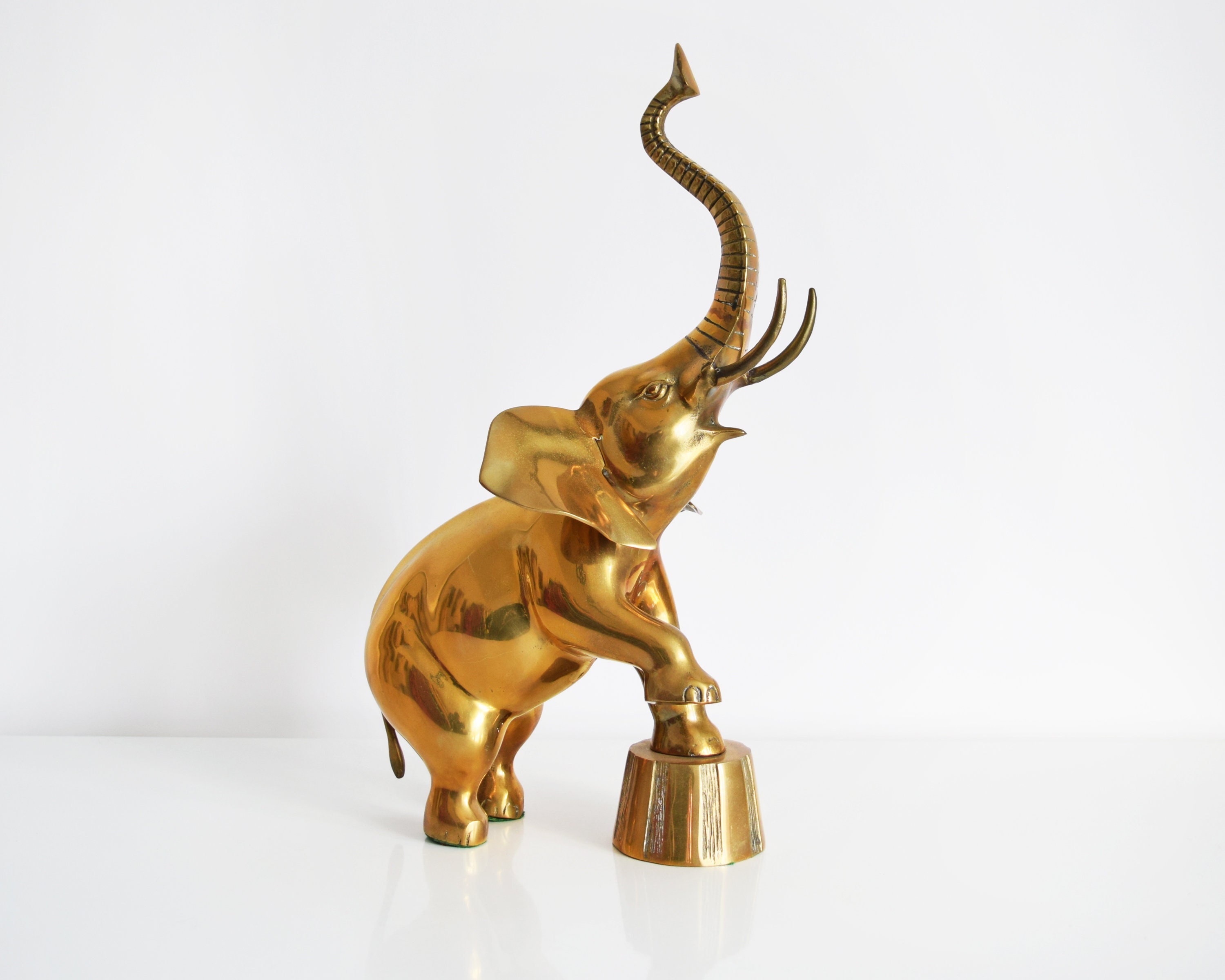 Antique 1970's Vintage Brass Hand Carved Elephant running statue