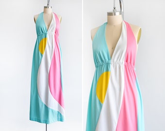 Vintage 1970s Halter Maxi Dress, 70s Deep V Blue and Pink Sunset Disco Dress by Mikey Jr’s, small/medium