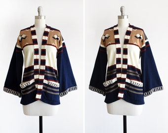 70s Striped Cardigan, Vintage 1970s Navy & Brown Bell Sleeve Boho Open Sweater, small medium
