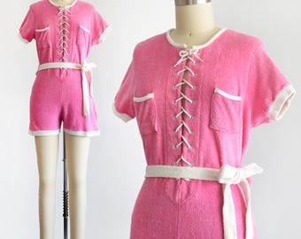 Mono corto rosa de felpa de los años 80, mono vintage de los años 80 con cinturón y cordones, talla XS/S