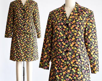 Vintage 1960s/1970s Schwarzes Florales Blazer & Rock Set, small