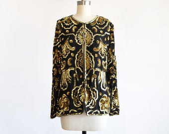 Vintage 1980s Black & Gold Sequin Jacket, small medium