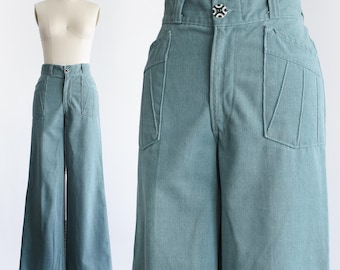 Pantalones de pana acampanados de pierna ancha, color turquesa empolvado, estilo vintage de los años 70, talla XS.