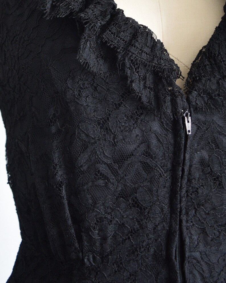 vintage black lace romper xss 1970s mod jumpsuit ruffled zip up front hot pants 60s70s playsuit