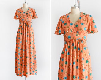 Vintage 70s Floral Maxi Dress, Orange & Blue Flower Print Flutter Sleeve Dress, small