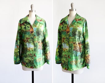 Vintage 70s Antelope Disco Blouse, 1970s Green Photo Print Shirt, large