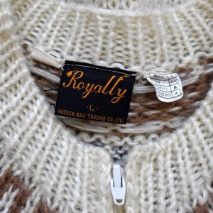 Close-up of a knit sweater with a 'Royally' label on a textured background