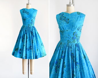 Vintage 1950s Anne Fogarty Blue Butterfly Dress, 50s Novelty Print Fit and Flare Cotton Dress, small