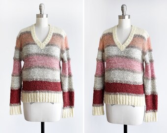80s Striped Sweater, Vintage 1980s White & Pink Nubby Boucle Knit V-Neck Pullover, medium - AS IS