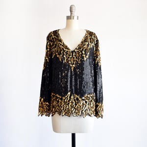 80s Sequin Top, Vintage 1980s Black & Gold Blouse, small/small medium