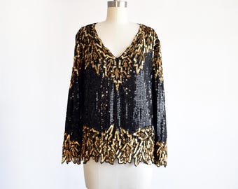 80s Sequin Top, Vintage 1980s Black & Gold Blouse, small/small medium