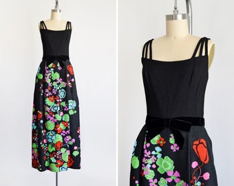 60s Floral Maxi Dress, Vintage 1960s Dress, Black Flower Power Linen Maxi Dress w/ Velvet Bow Waist & Pockets, small