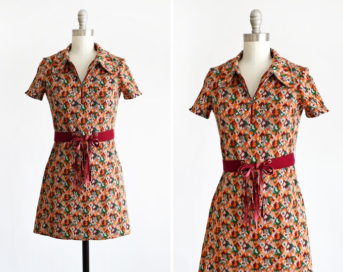 60s Mod Mini Dress, Vintage 1960s Scooter Dress, Geometric Print Zipup