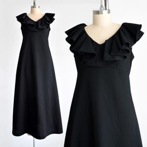 Vintage 70s Black Ruffle Maxi Dress, medium