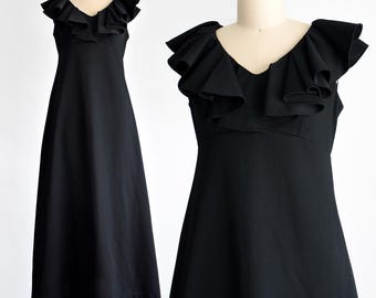 Vintage 70er Jahre schwarzes Rüschen Maxi Kleid, medium
