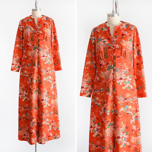 Vintage 70s Red Orange  FloralMaxi Dress, 1970s Flower Power Hostess Dress, medium large