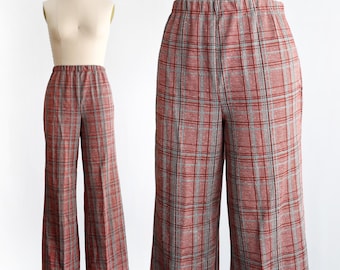 Vintage 1970s Red Plaid Wide Leg Pants, medium large/large