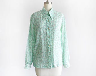 Vintage 1970s Mint Green & Pink Floral Blouse, medium large