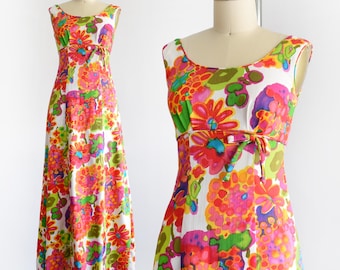 Vestido largo hawaiano floral vintage de los años 60 de Liberty House by Kiyom, xxxs