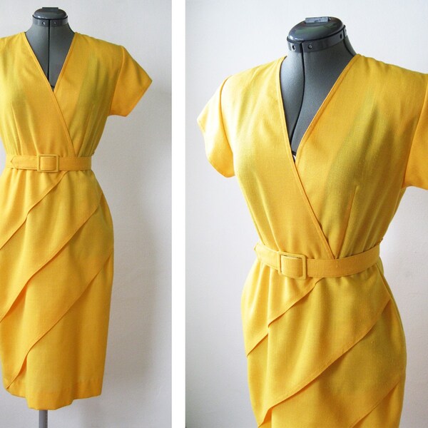 vintage yellow dress / 80s faux wrap dress