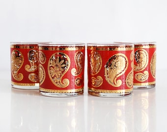 Vintage 1960s Red & 22K Gold Paisley Culver Glasses, 10 fl oz