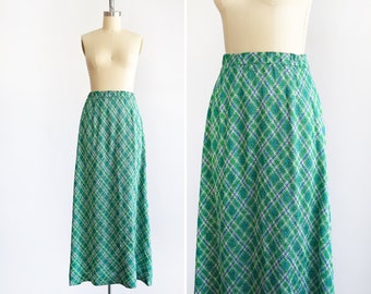 Vintage 70s Green Plaid Metallic Maxi Skirt, Retro Holiday Fashion, xs-small