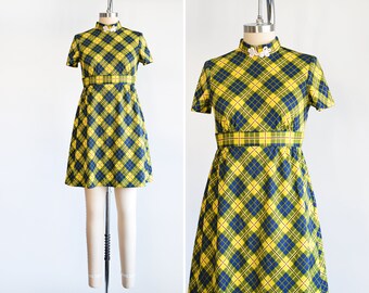 1960s Mod Mini Dress, Vintage 60s Yellow & Blue Plaid Dress, small/small medium