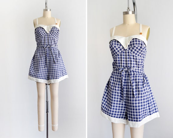 50s Plaid Swimsuit, Vintage 1950s Playsuit, Blue &