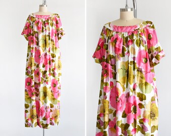 70s Floral Maxi Dress, Vintage 1970s Lane Bryant Dress, White & Pink Flower Print Muumuu Caftan Lounge Dress, xl - 2x